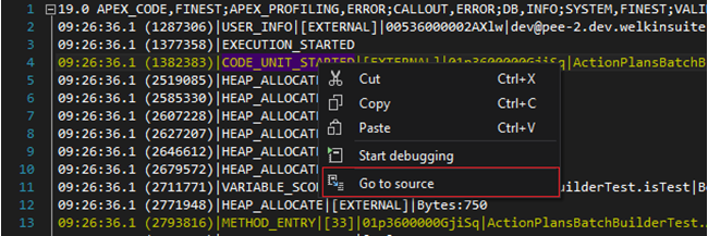Go to an Apex code right from the Debug Log file
