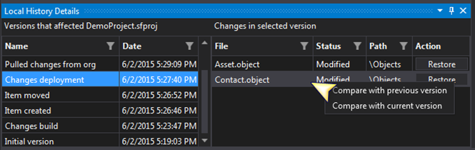 Compare current selected version of a file with the current of previous version