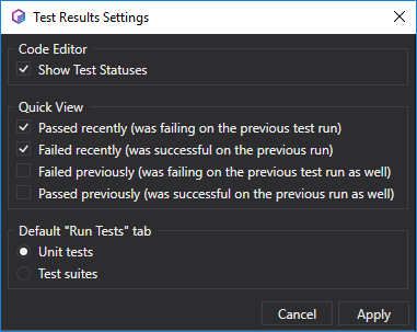 Test Results Settings Window