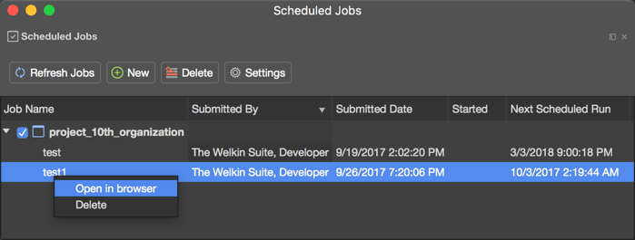 Context menu of a schedule job in The Welkin Suite