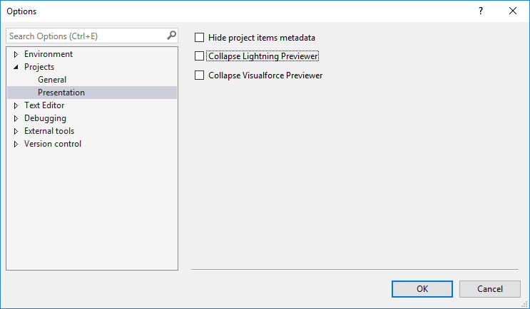 Default visibility settings for Visualforce and Lightning previewers in The Welkin Suite IDE