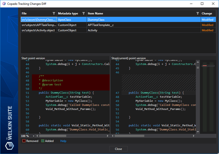 Viewing detailed diff for all changes related to the Copado user story in the IDE