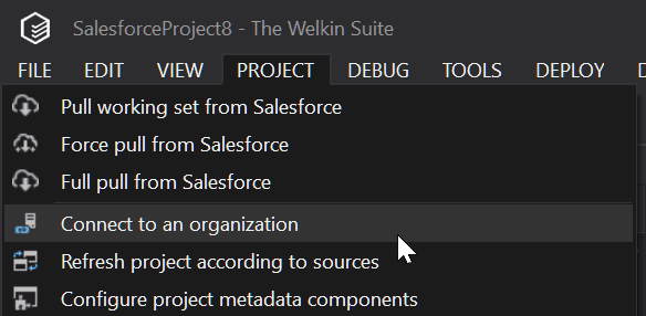 Menu items to connect Salesforce project to an organization