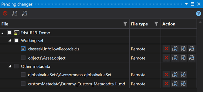 Updated pending changes panel in The Welkin Suite IDE with comparison, deploy, force deploy and discard options