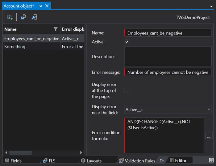 Editing Salesforce's Validation Rules in The Welkin Suite IDE
