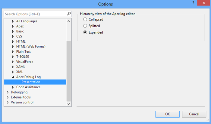 Debug Logs viewer default settings
