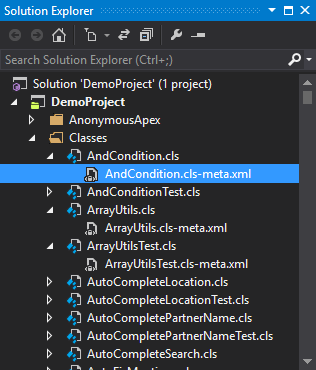Salesforce Metadata files dispayed in the Solution Explorer