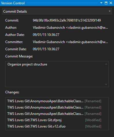Commit details for each change in the version control in TWS