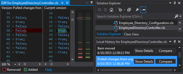 Local changes history shows details and allows you to compare versions of files