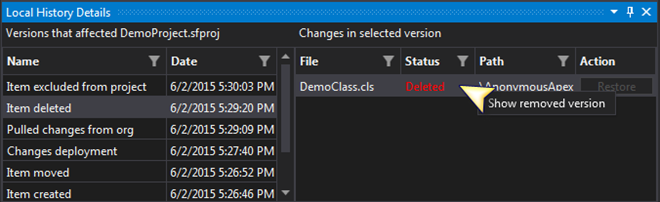 Show removed version of files in the Local History