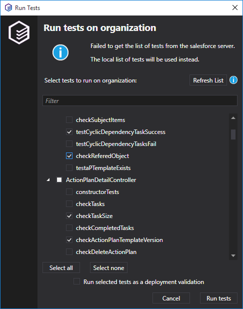 Apex unit tests execution now support separate test methods selection