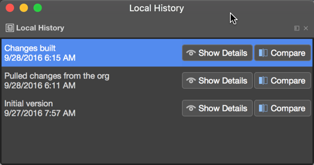 Local History panel for the version control in TWS