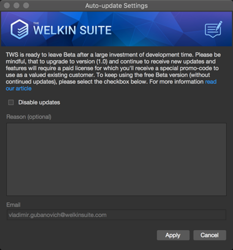 The auto update settings for the upcoming The Welkin Suite Nove version