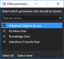 Filtering option in the Permission Sets editor