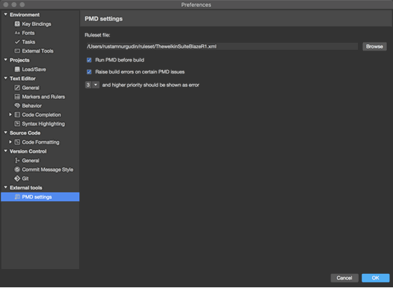 PMD settings configuration in the IDE
