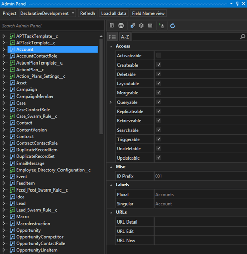 sObject properties in the Admin panel and toolbar