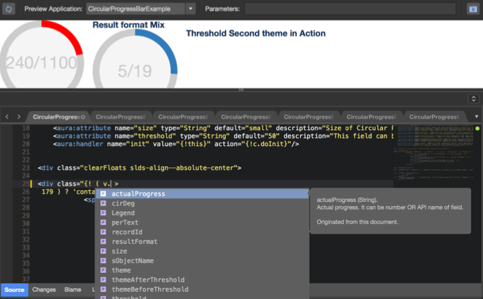 Enhanced code completion in the Lightning markup including inline Javascript