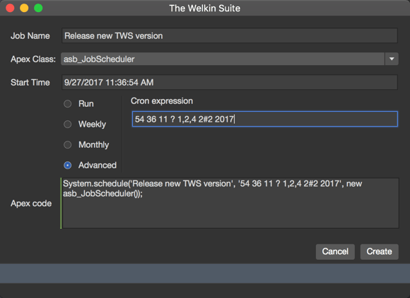 Apex code with cron expression for a schedule job in TWS