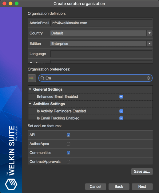 Manual Scratch Organization Configuration - Salesforce DX support in The Welkin Suite for Mac