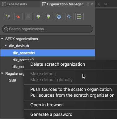 Available SFDX actions in the Organizations Manager