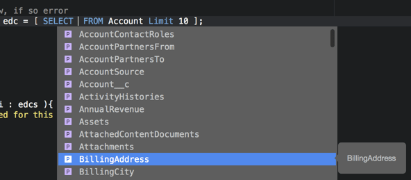 SOQL query completion in the Apex Editor in The Welkin Suite