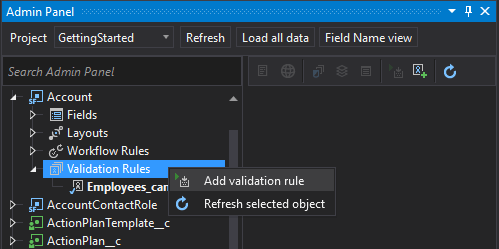 Menu for Validation Rules for sObject in the Admin panel
