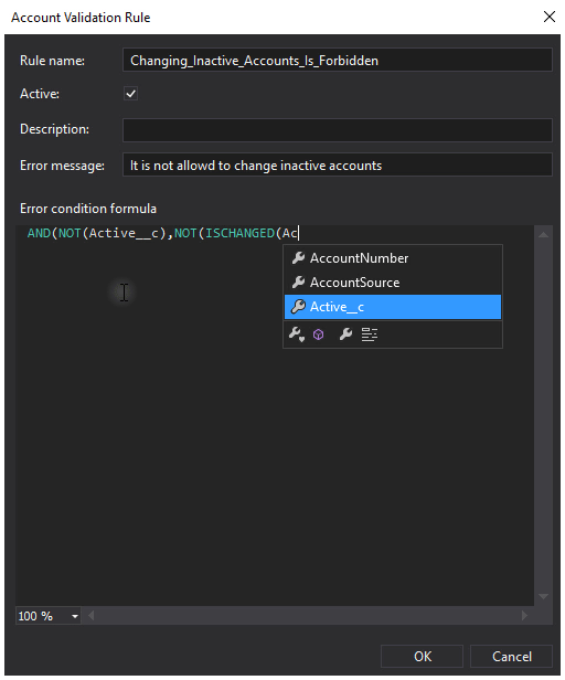 The built-in sObjects Validation Rules editor with the code completion