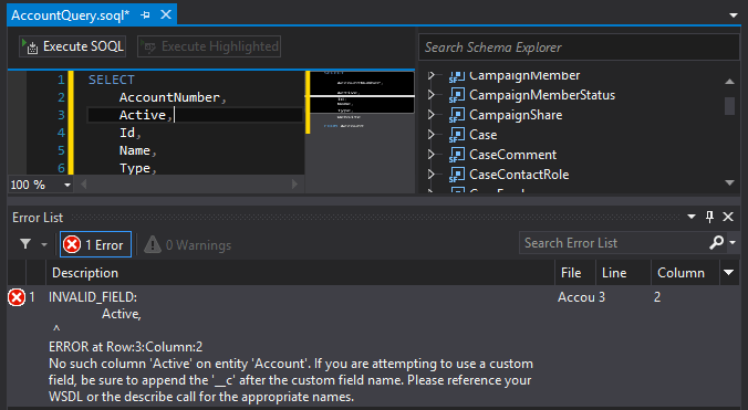 SOQL execution error message in The Welkin Suite IDE