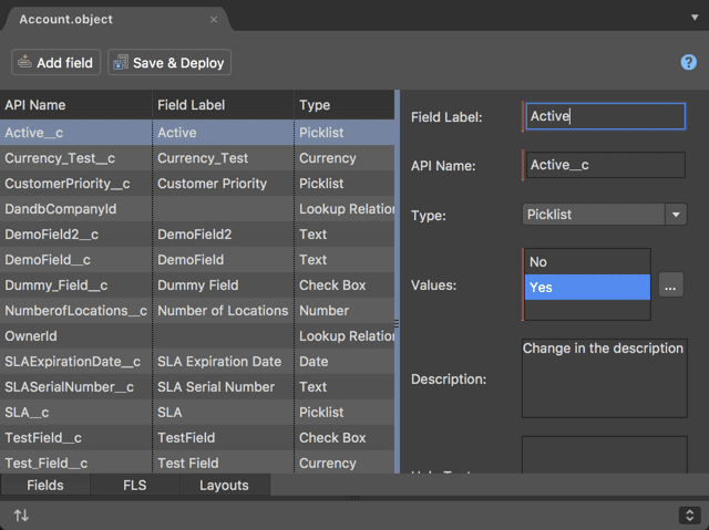 Built in fields editor in the sObjects inspector with increased performance in The Welkin Suite IDE
