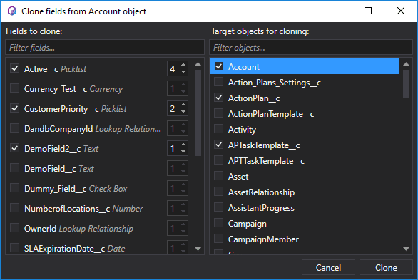 Cloning fields in Salesforce Objects