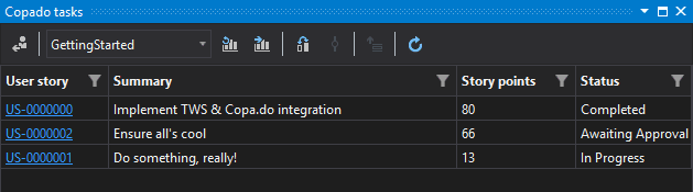 List of Copado user stories with edit capabilities in The Welkin Suite IDE