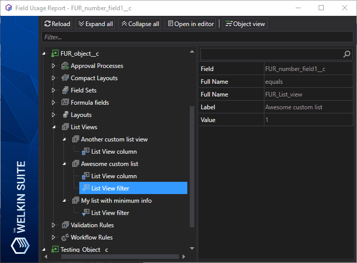 Details about different List Views that use your field either as a display column or as a list view filter