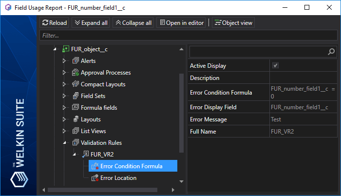 Validation rules in the Field Usage Report - both error condition location and error condition formula are included