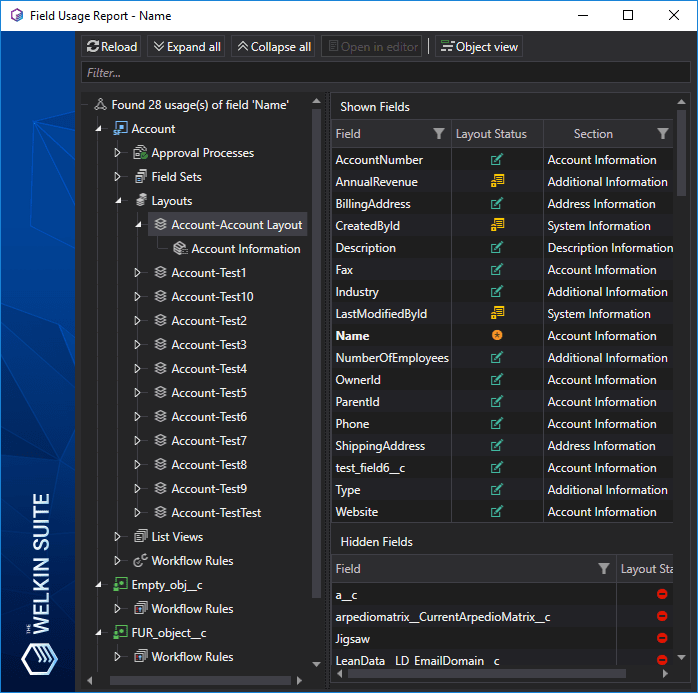 Inline layout preview with all fields in the Field Usage Report