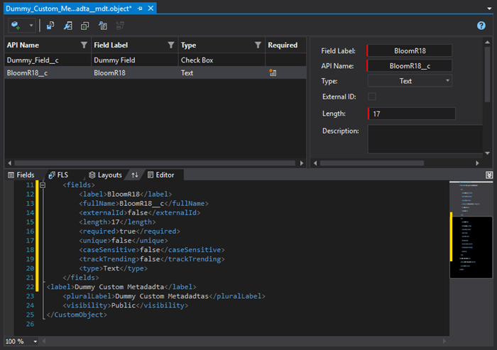 Modifying fields in the Custom Metadata definition