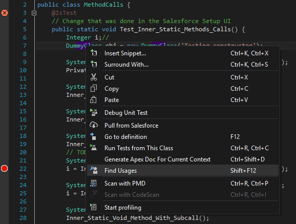 Executing Apex find usages command from the Apex editor's context menu