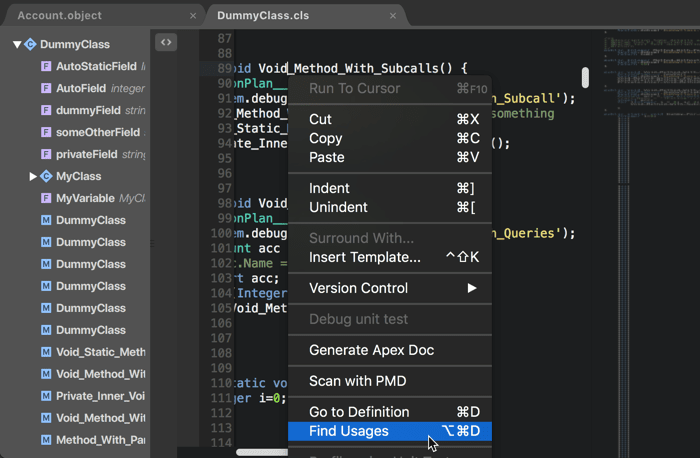 Calling Find Usages for Apex method in The Welkin Suite