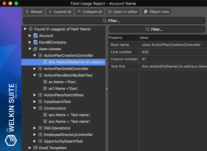 Apex usages of an sObject fields in the Field Usage Report