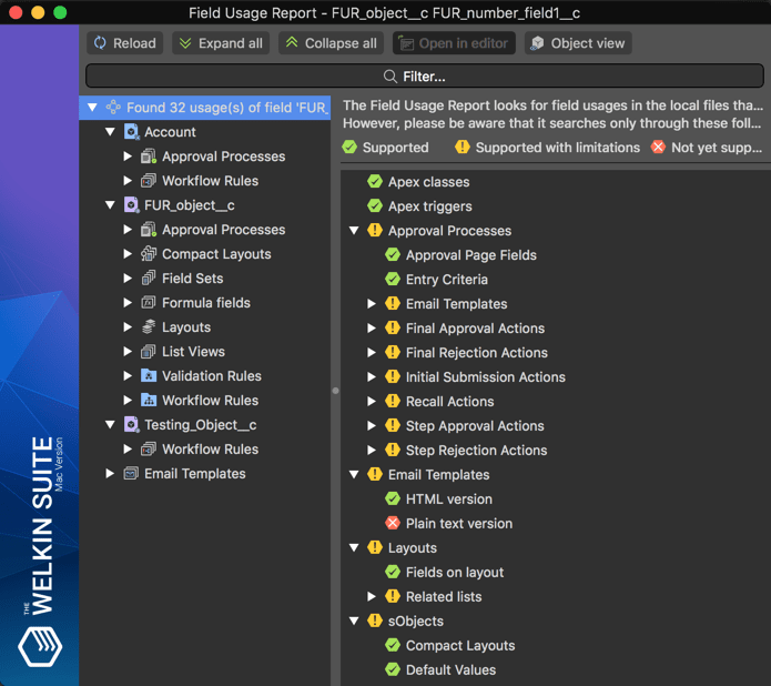 The list of metadata items where The Welkin Suite analyzes Field Usage Report