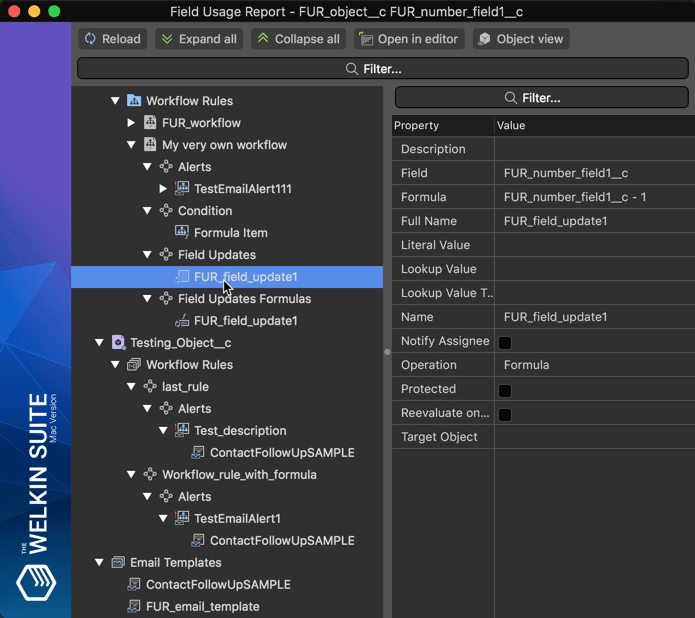 Information about workflow and all its actions that are using a certain field using the Field Usage Report