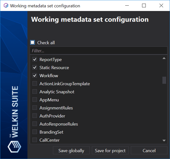 Defining a metadata working set in The Welkin Suite IDE