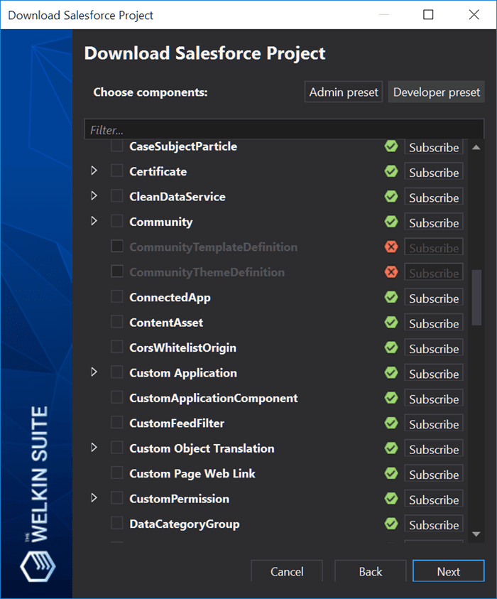 Updated Salesforce project creation process in The Welkin Suite IDE with 120+ metadata types supported
