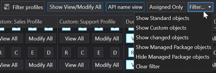 Advanced filtering options for objects and profiles in the Objects Permissions Editor