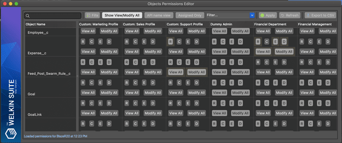 The Welkin Suite's Objects Permissions Editor in the Blaze R20