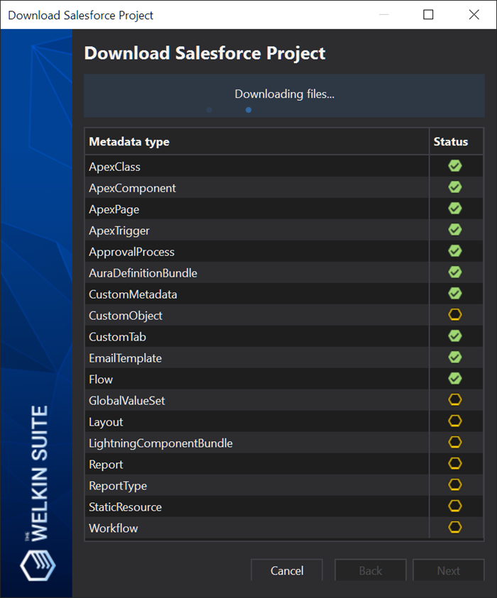 Updated Salesforce project creation status screen on The Welkin Suite IDE Bloom R31