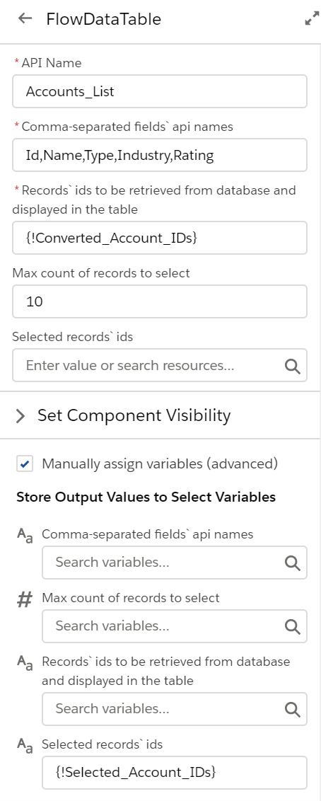 Welkins Data Table for Flows configuration in the Flow Builder