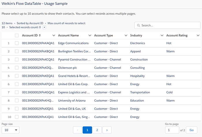 Usage sample of the Welkins Data Table for Flows